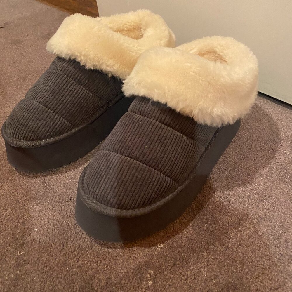 Grey Fluffy Platform Slippers